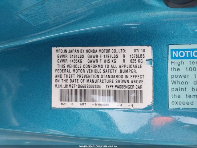 Продаж на аукціоні авто 2011 Honda Cr-z Ex, vin: JHMZF1D66BS002805, номер лоту: 45012047