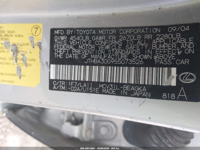 Aukcja sprzedaży 2005 Lexus Es 330, vin: JTHBA30G955073526, numer aukcji: 45012061