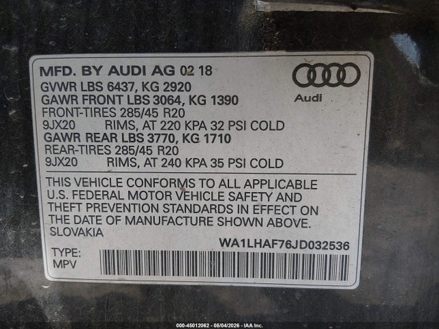 Продаж на аукціоні авто 2018 Audi Q7 2.0t Premium, vin: WA1LHAF76JD032536, номер лоту: 45012062