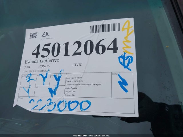 Продаж на аукціоні авто 2004 Honda Civic Lx, vin: 2HGES15574H575256, номер лоту: 45012064
