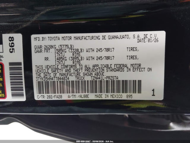 Aukcja sprzedaży 2026 Toyota Tacoma Sr, vin: 3TYKD5HN4TT044034, numer aukcji: 45012067