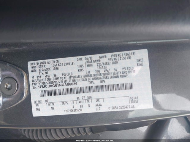 Aukcja sprzedaży 2022 Ford Escape Se, vin: 1FMCU0G61NUA86636, numer aukcji: 45012075