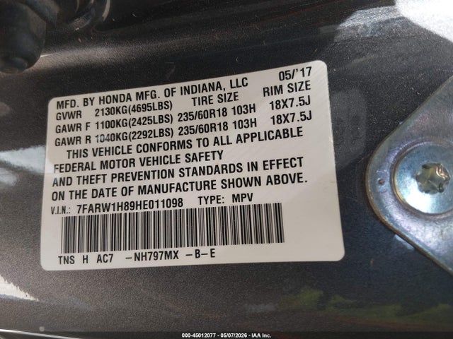 Aukcja sprzedaży 2017 Honda Cr-v Ex-l/ex-l Navi, vin: 7FARW1H89HE011098, numer aukcji: 45012077