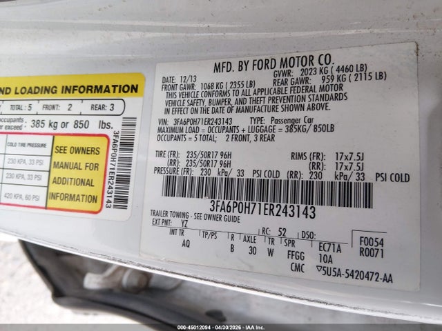 Aukcja sprzedaży 2014 Ford Fusion Se, vin: 3FA6P0H71ER243143, numer aukcji: 45012094