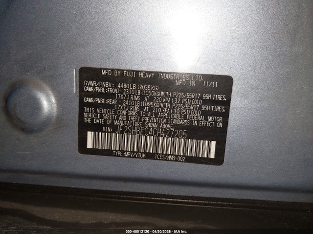 Продаж на аукціоні авто 2012 Subaru Forester 2.5x Limited, vin: JF2SHBEC4CH427205, номер лоту: 45012120