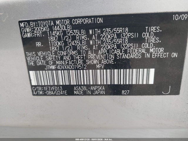 45012125 :رقم المزاد ، JTMWF4DVXAD019512 vin ، 2010 Toyota Rav4 Sport مزاد بيع