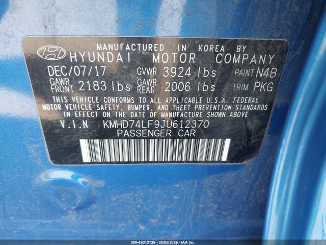 Продажа на аукционе авто 2018 Hyundai Elantra Se, vin: KMHD74LF9JU612370, номер лота: 45012126