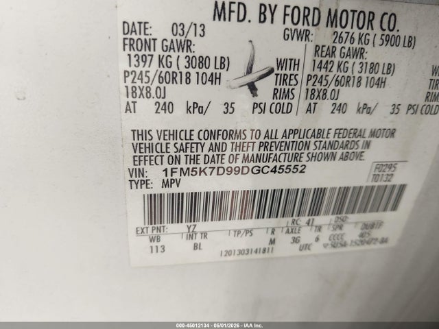2013 Ford Explorer Xlt მანქანა იყიდება აუქციონზე, vin: 1FM5K7D99DGC45552, აუქციონის ნომერი: 45012134