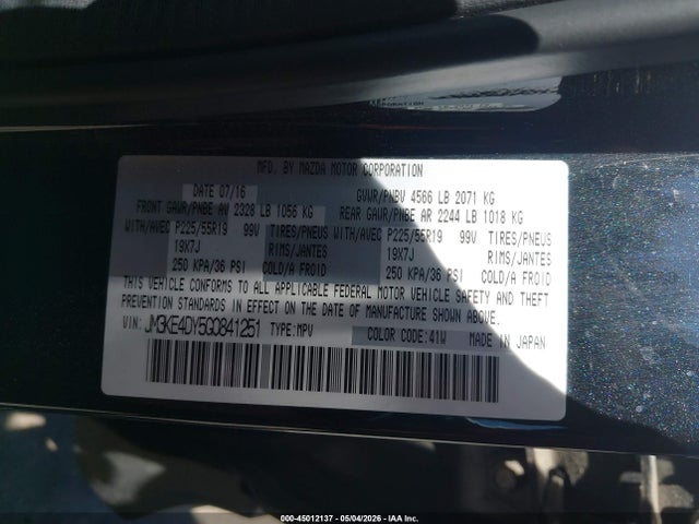 45012137 :رقم المزاد ، JM3KE4DY5G0841251 vin ، 2016 Mazda Cx-5 Grand Touring مزاد بيع