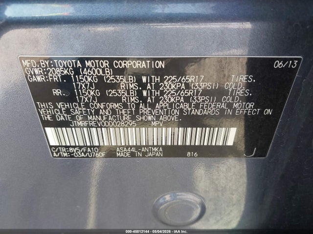 Aukcja sprzedaży 2013 Toyota Rav4 Xle, vin: JTMRFREV0DD028295, numer aukcji: 45012144