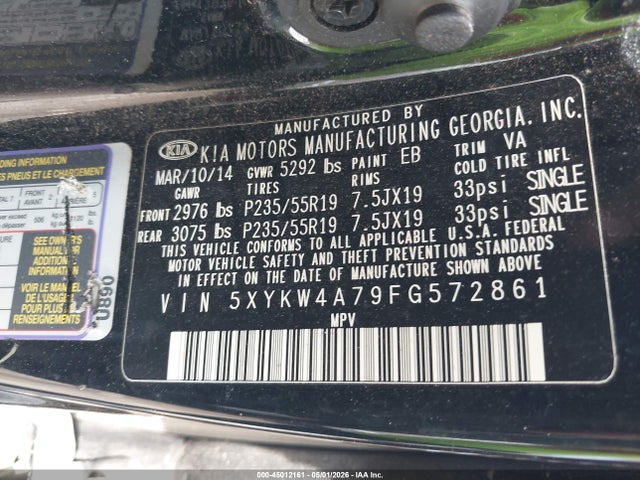 2015 Kia Sorento Limited V6 მანქანა იყიდება აუქციონზე, vin: 5XYKW4A79FG572861, აუქციონის ნომერი: 45012161