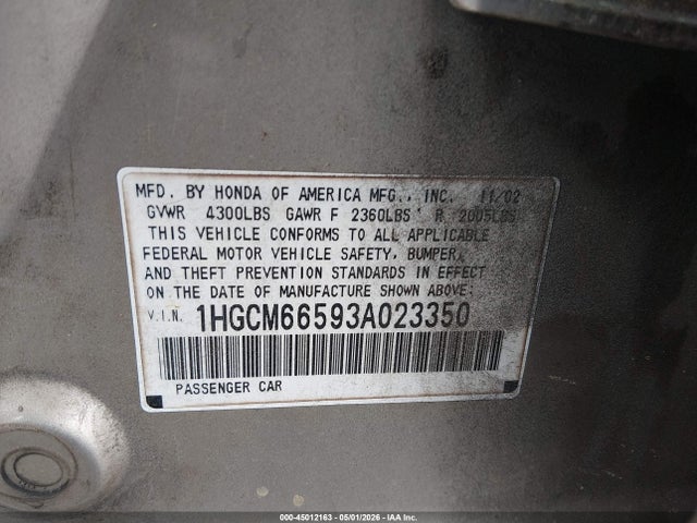 Продаж на аукціоні авто 2003 Honda Accord 3.0 Ex, vin: 1HGCM66593A023350, номер лоту: 45012163