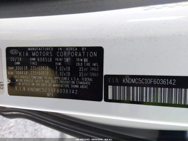 45012183 :رقم المزاد ، KNDMC5C10F6036142 vin ، 2015 Kia Sedona Sx مزاد بيع