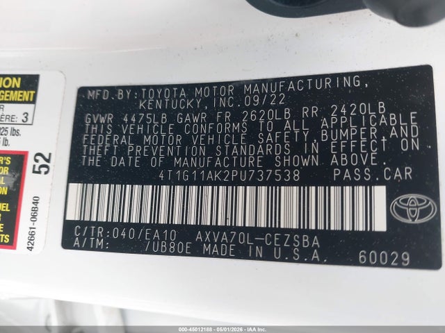 Продажа на аукционе авто 2023 Toyota Camry Se, vin: 4T1G11AK2PU737538, номер лота: 45012188