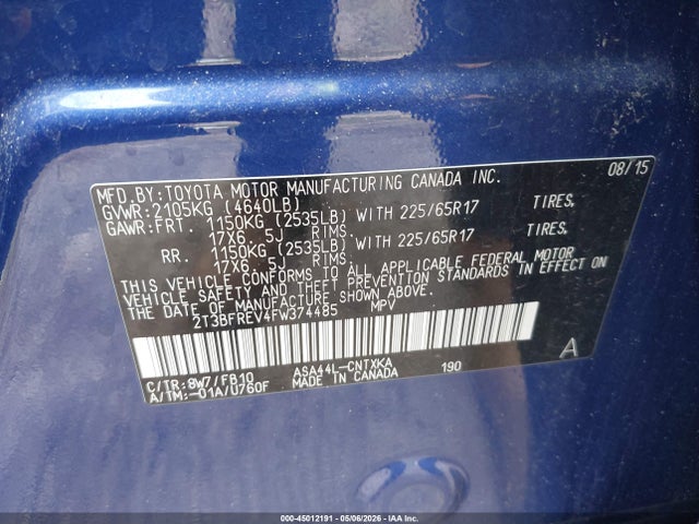 45012191 :رقم المزاد ، 2T3BFREV4FW374485 vin ، 2015 Toyota Rav4 Le مزاد بيع
