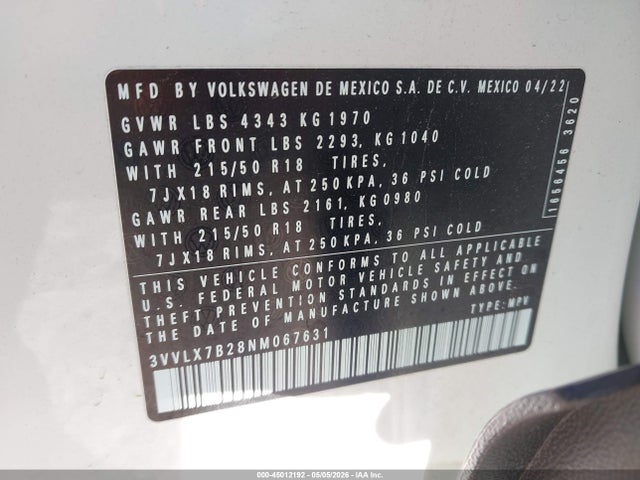 Продаж на аукціоні авто 2022 Volkswagen Taos 1.5t Se, vin: 3VVLX7B28NM067631, номер лоту: 45012192