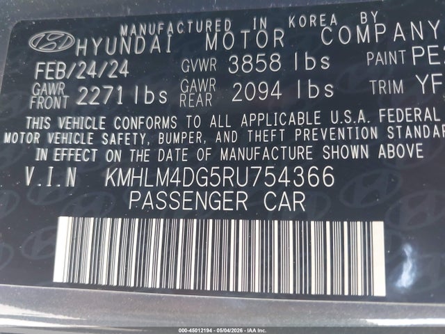 45012194 :رقم المزاد ، KMHLM4DG5RU754366 vin ، 2024 Hyundai Elantra Sel مزاد بيع