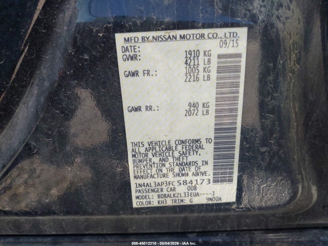 Продаж на аукціоні авто 2015 Nissan Altima 2.5 Sv, vin: 1N4AL3AP3FC584173, номер лоту: 45012210