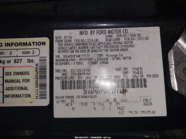 Aukcja sprzedaży 2017 Ford Fusion Sport, vin: 3FA6P0VP5HR171131, numer aukcji: 45012221