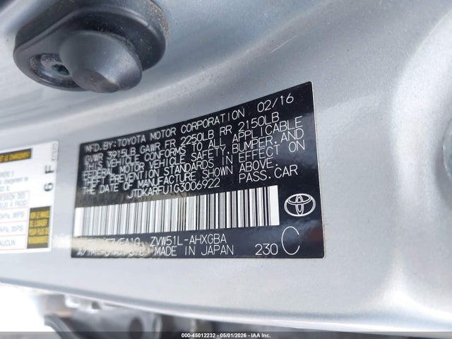 JTDKARFU1G3006922 Toyota Prius Four