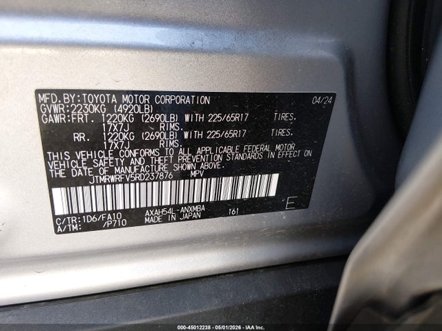 Aukcja sprzedaży 2024 Toyota Rav4 Hybrid Xle, vin: JTMRWRFV5RD237876, numer aukcji: 45012238