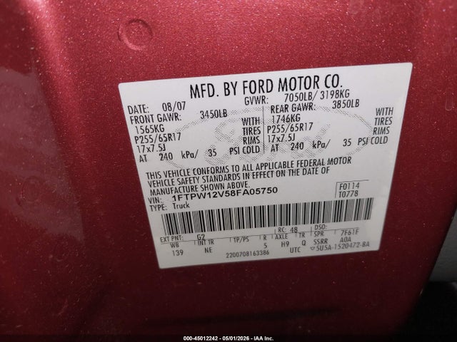 Aukcja sprzedaży 2008 Ford F-150 60th Anniversary/fx2/king Ranch/lariat/xlt, vin: 1FTPW12V58FA05750, numer aukcji: 45012242