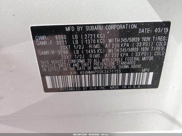 Продажа на аукционе авто 2019 Subaru Ascent Limited, vin: 4S4WMAPD0K3471155, номер лота: 45012245