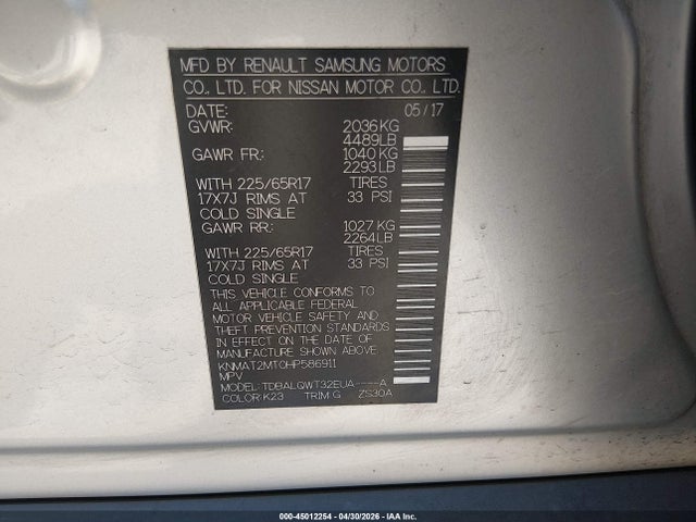 Продаж на аукціоні авто 2017 Nissan Rogue Sv, vin: KNMAT2MT0HP586911, номер лоту: 45012254