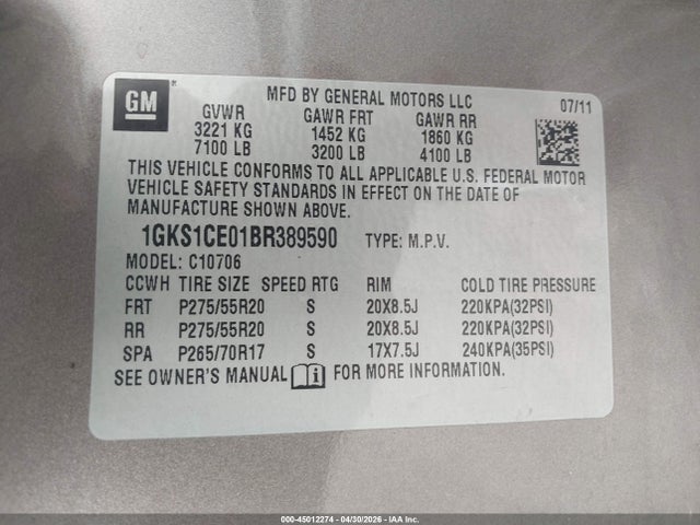 45012274 :رقم المزاد ، 1GKS1CE01BR389590 vin ، 2011 Gmc Yukon Slt مزاد بيع