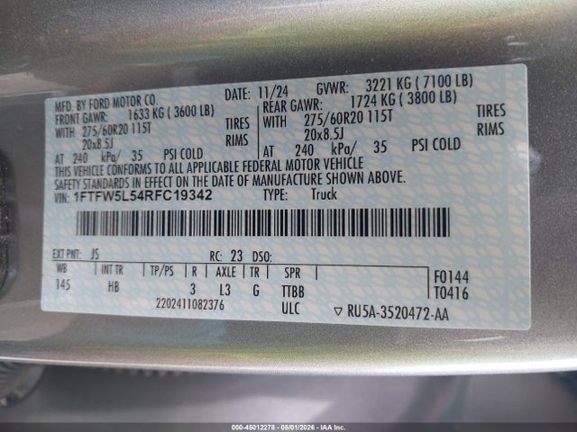 Продажа на аукционе авто 2024 Ford F-150 Lariat, vin: 1FTFW5L54RFC19342, номер лота: 45012278