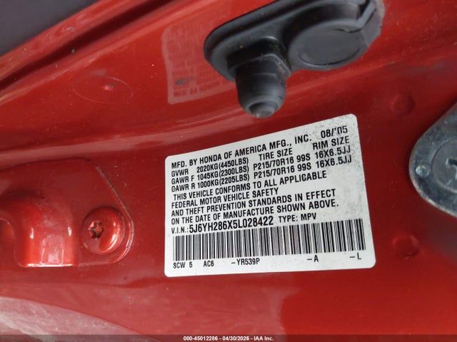 45012286 :رقم المزاد ، 5J6YH286X5L028422 vin ، 2005 Honda Element Ex مزاد بيع