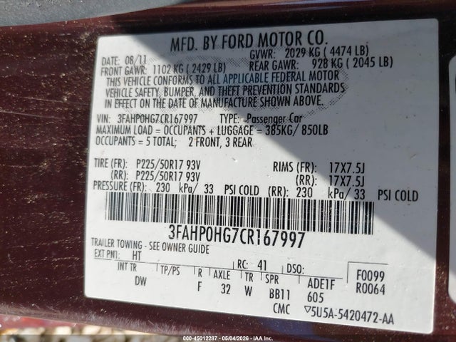 Продажа на аукционе авто 2012 Ford Fusion Se, vin: 3FAHP0HG7CR167997, номер лота: 45012287
