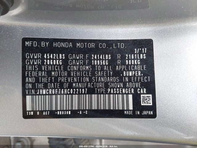 Aukcja sprzedaży 2017 Honda Accord Hybrid Touring, vin: JHMCR6F76HC022197, numer aukcji: 45012290