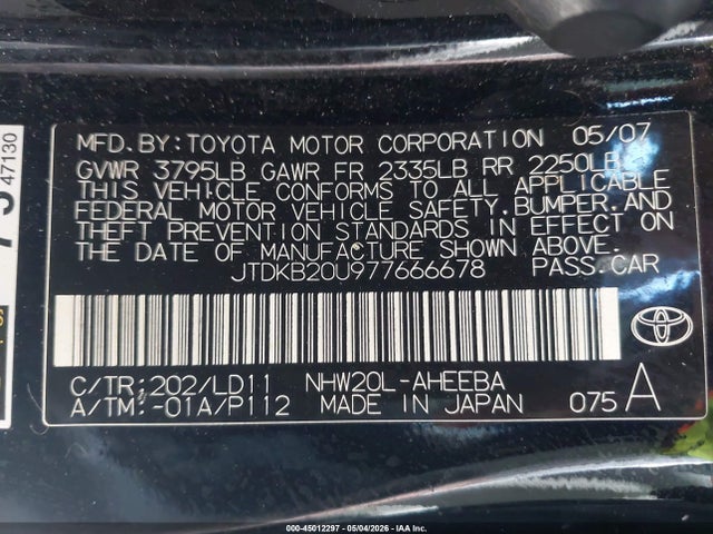Aukcja sprzedaży 2007 Toyota Prius, vin: JTDKB20U977666678, numer aukcji: 45012297