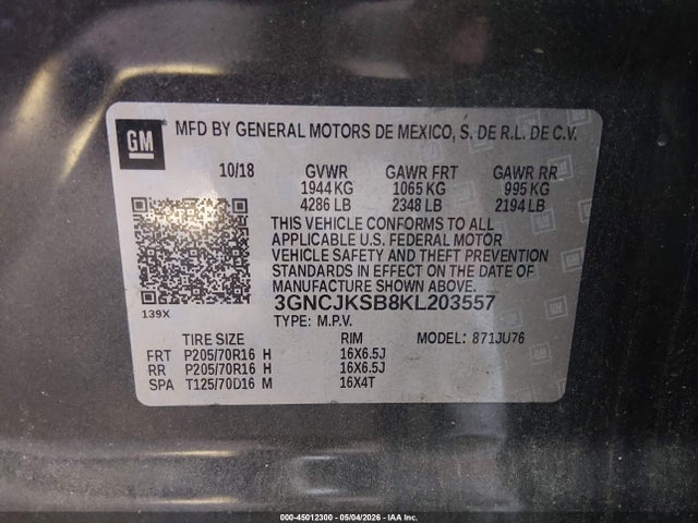 Продажа на аукционе авто 2019 Chevrolet Trax Ls, vin: 3GNCJKSB8KL203557, номер лота: 45012300