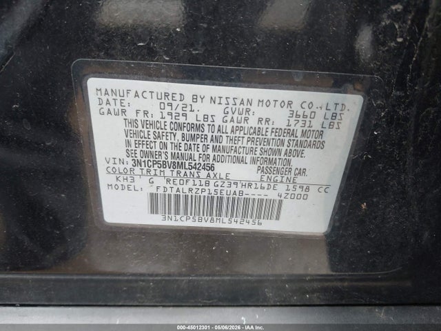 Aukcja sprzedaży 2021 Nissan Kicks S Xtronic Cvt, vin: 3N1CP5BV8ML542456, numer aukcji: 45012301