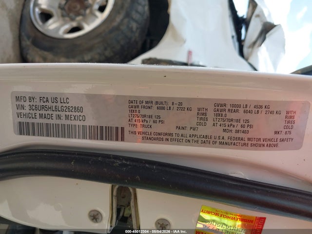45012304 :رقم المزاد ، 3C6UR5HL6LG262860 vin ، 2020 Ram 2500 مزاد بيع