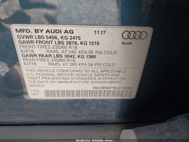 Aukcja sprzedaży 2018 Audi Q5 2.0t Premium/2.0t Tech Premium, vin: WA1BNAFY6J2102867, numer aukcji: 45012314