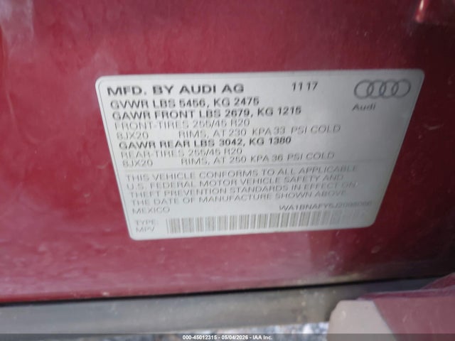Продаж на аукціоні авто 2018 Audi Q5 2.0t Premium, vin: WA1BNAFY5J2098066, номер лоту: 45012315