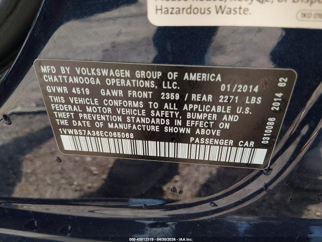 45012319 :رقم المزاد ، 1VWBS7A36EC065068 vin ، 2014 Volkswagen Passat 1.8t Se مزاد بيع