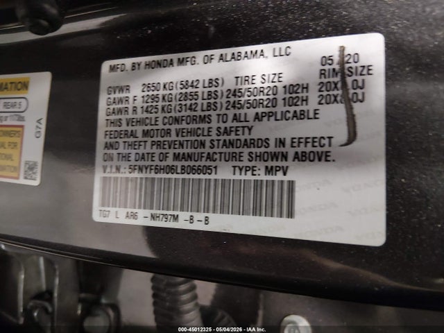 2020 Honda Pilot Awd Elite მანქანა იყიდება აუქციონზე, vin: 5FNYF6H06LB066051, აუქციონის ნომერი: 45012325