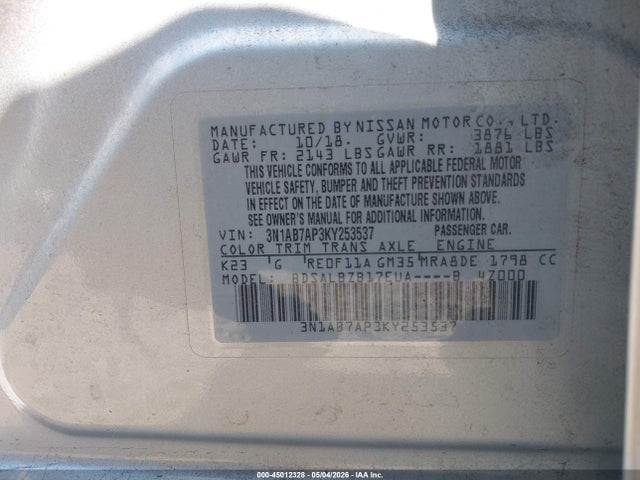45012328 :رقم المزاد ، 3N1AB7AP3KY253537 vin ، 2019 Nissan Sentra S مزاد بيع