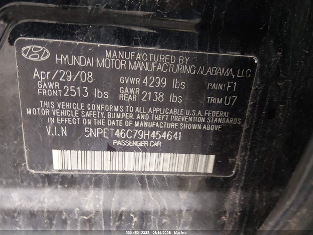Продажа на аукционе авто 2009 Hyundai Sonata Gls, vin: 5NPET46C79H454641, номер лота: 45012332