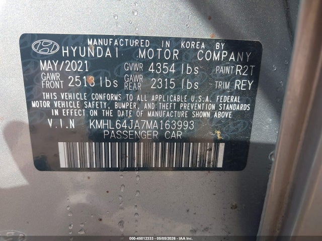 Auction sale of the 2021 Hyundai Sonata Sel, vin: KMHL64JA7MA163993, lot number: 45012333