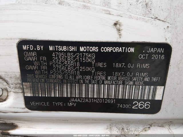 2017 Mitsubishi Outlander Es მანქანა იყიდება აუქციონზე, vin: JA4AZ2A31HZ012691, აუქციონის ნომერი: 45012335