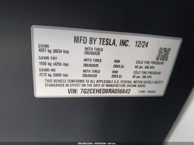 Продажа на аукционе авто 2024 Tesla Cybertruck All-wheel Drive, vin: 7G2CEHED8RA056642, номер лота: 45012340