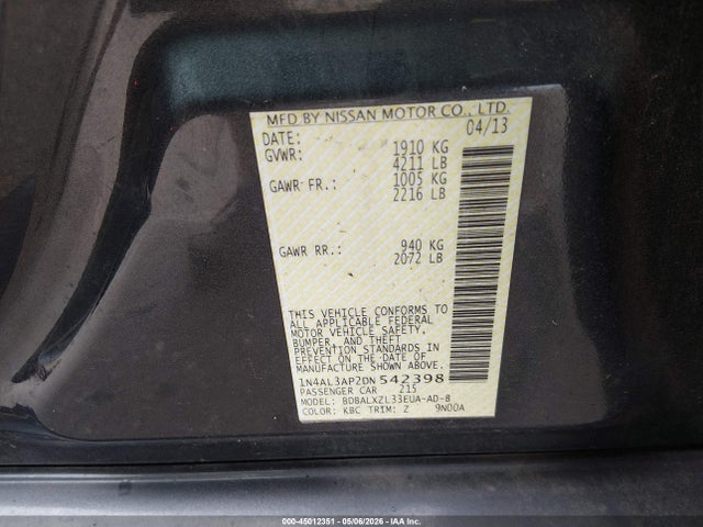 Продажа на аукционе авто 2013 Nissan Altima 2.5 Sl, vin: 1N4AL3AP2DN542398, номер лота: 45012351