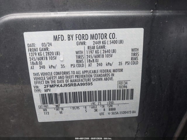 Aukcja sprzedaży 2024 Ford Edge Sel, vin: 2FMPK4J95RBA99595, numer aukcji: 45012355
