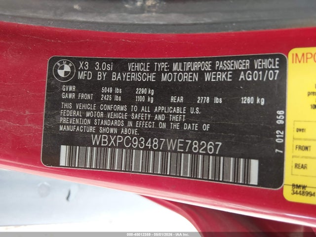 Продаж на аукціоні авто 2007 Bmw X3 3.0si, vin: WBXPC93487WE78267, номер лоту: 45012359