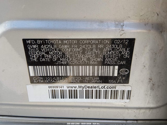 Aukcja sprzedaży 2012 Lexus Is 250, vin: JTHBF5C25C5171866, numer aukcji: 45012360